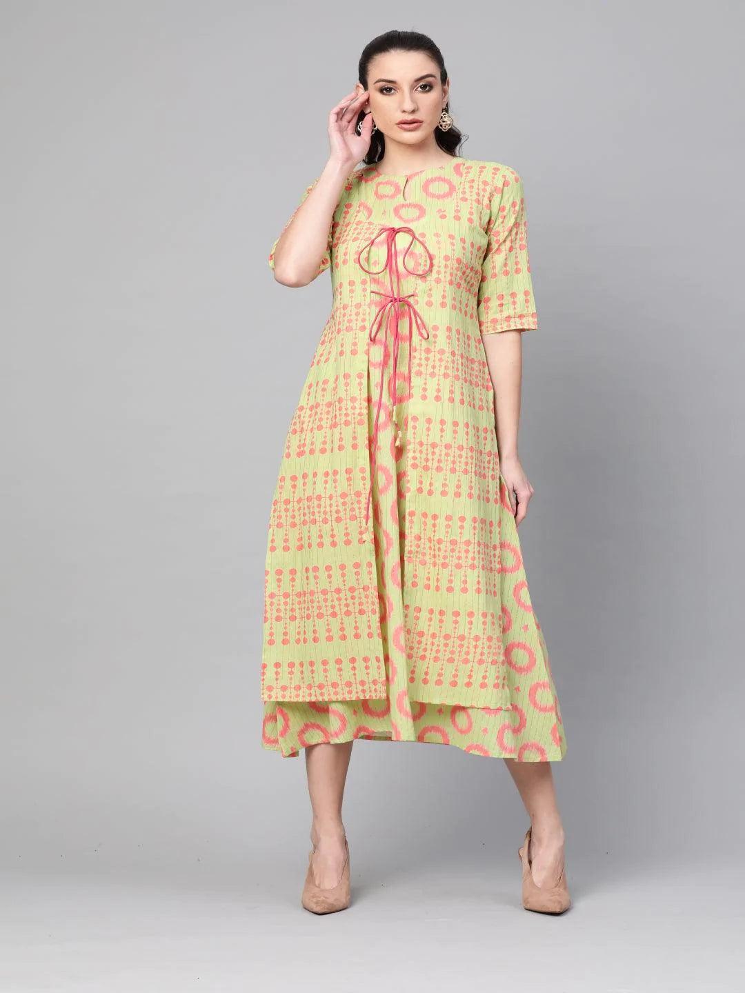 Buy Libas Green Printed Cotton Dress With Shrug Online in Malaysia at $33.00