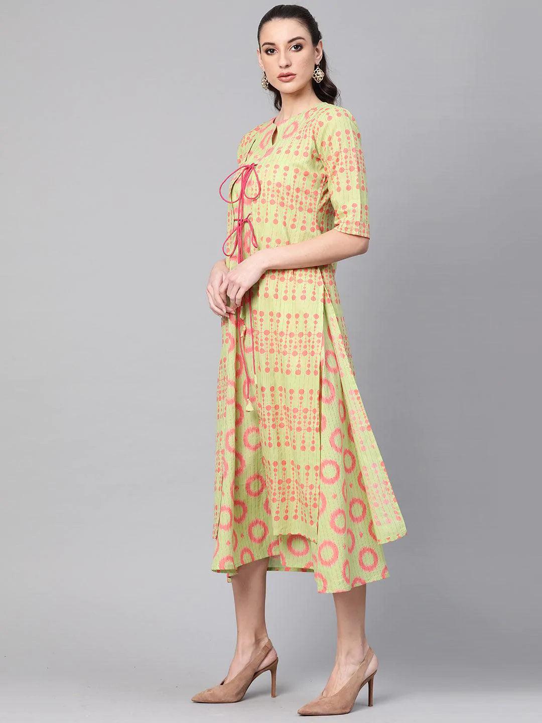 Green Printed Cotton Dress With Shrug - ShopLibas