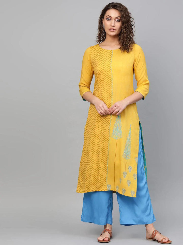 Yellow Printed Rayon Kurta