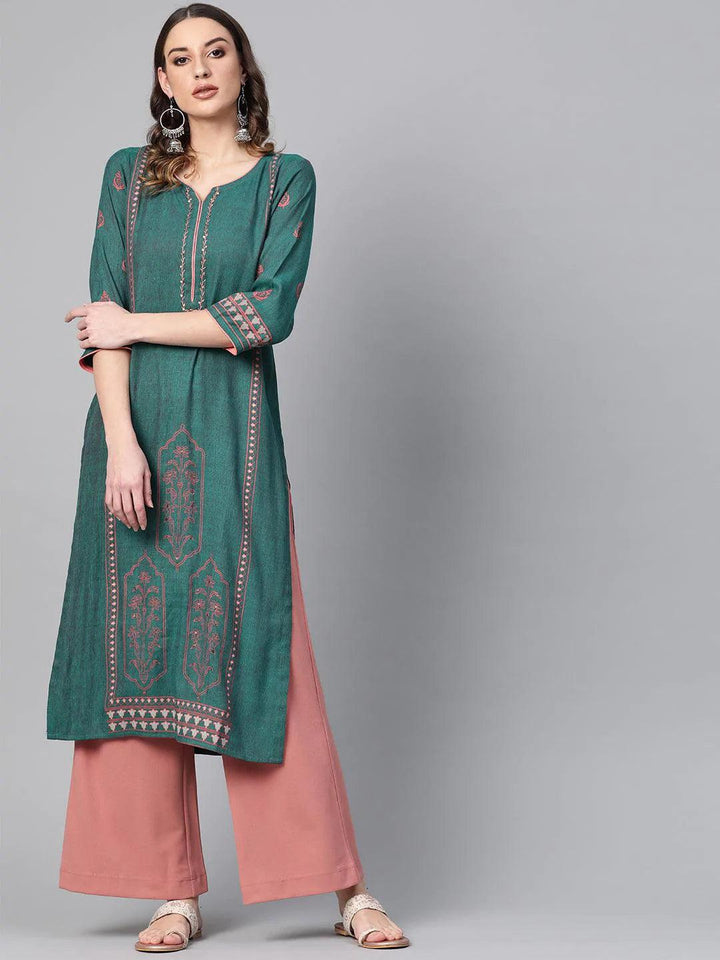 Green Printed Rayon Kurta