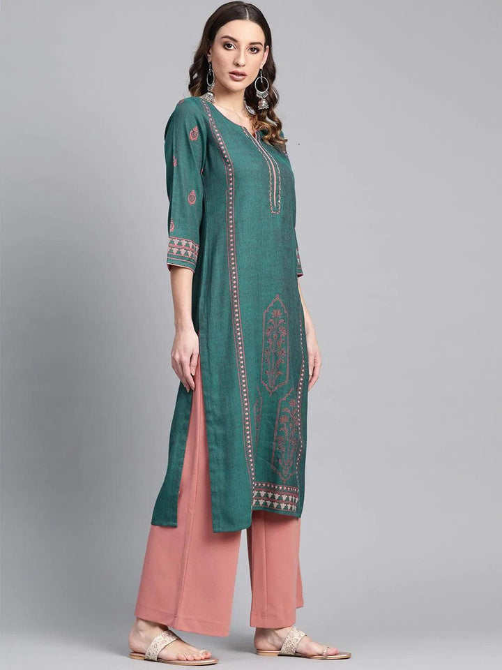 Green Printed Rayon Kurta