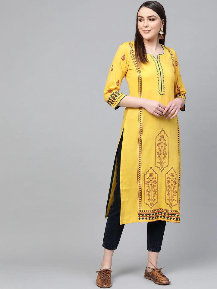 Yellow Printed Rayon Kurta