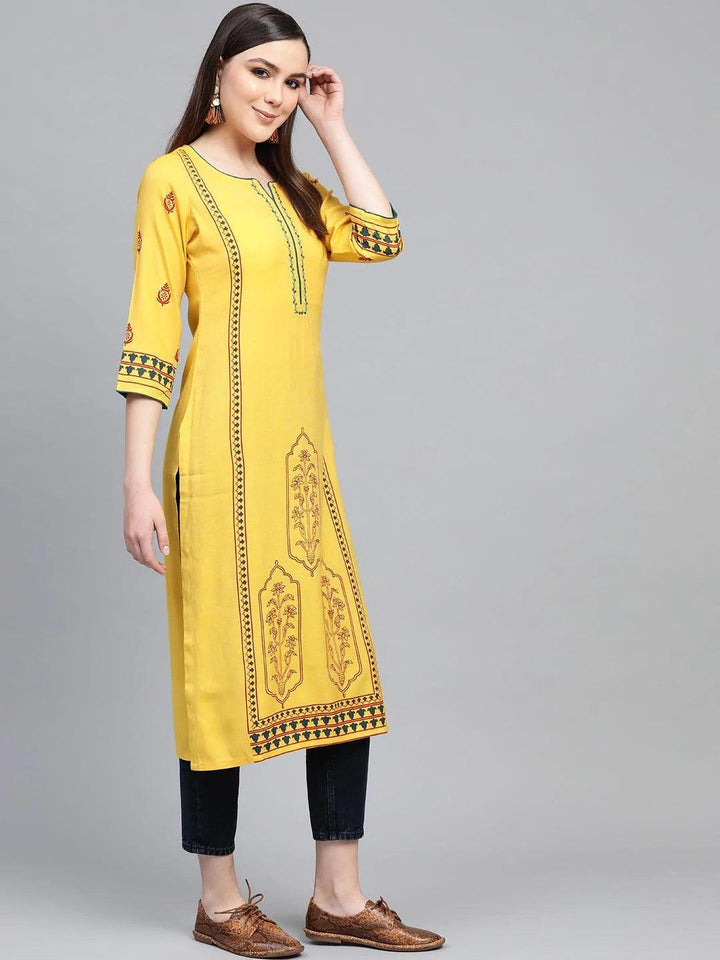 Yellow Printed Rayon Kurta