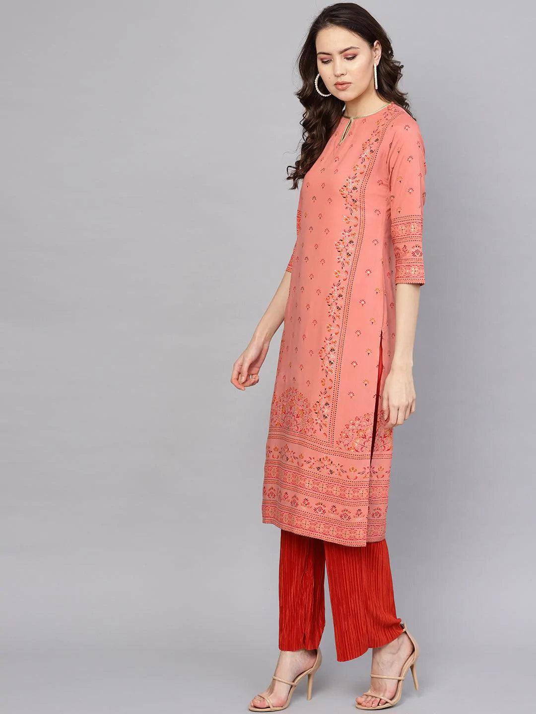 Pink Printed Rayon Kurta - ShopLibas