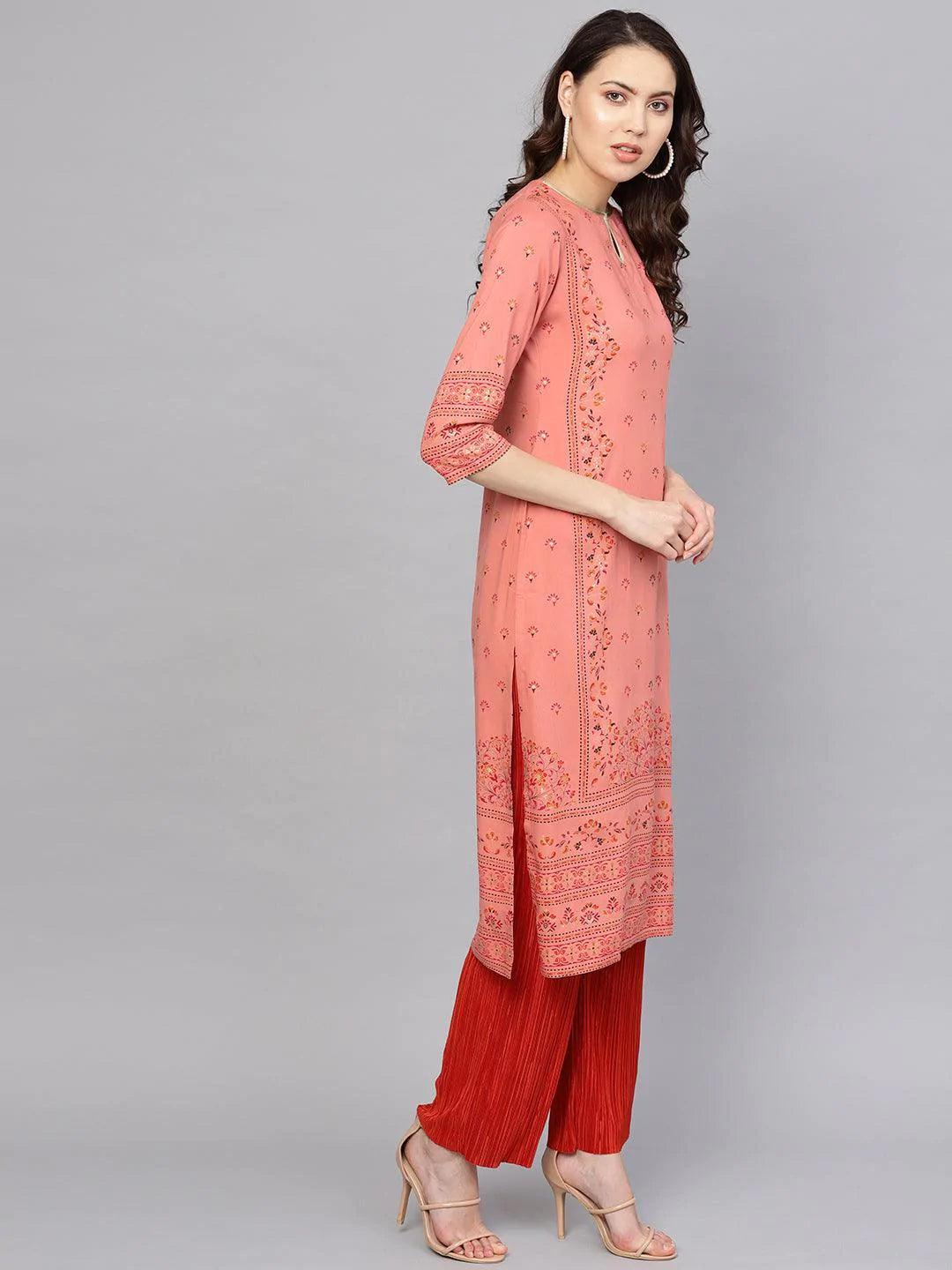 Pink Printed Rayon Kurta - ShopLibas