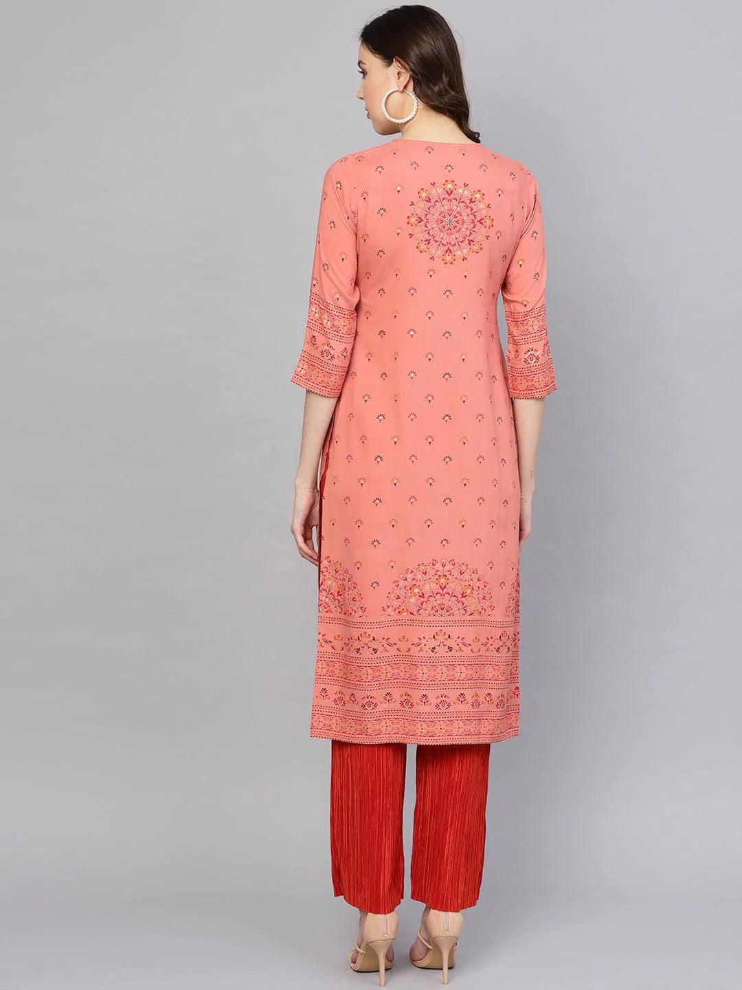 Pink Printed Rayon Kurta - ShopLibas