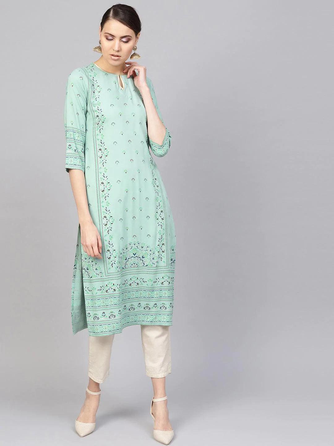 Green Printed Rayon Kurta - ShopLibas