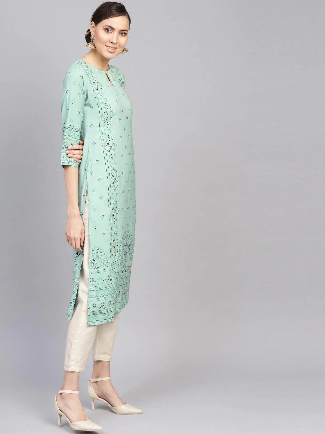 Green Printed Rayon Kurta - ShopLibas