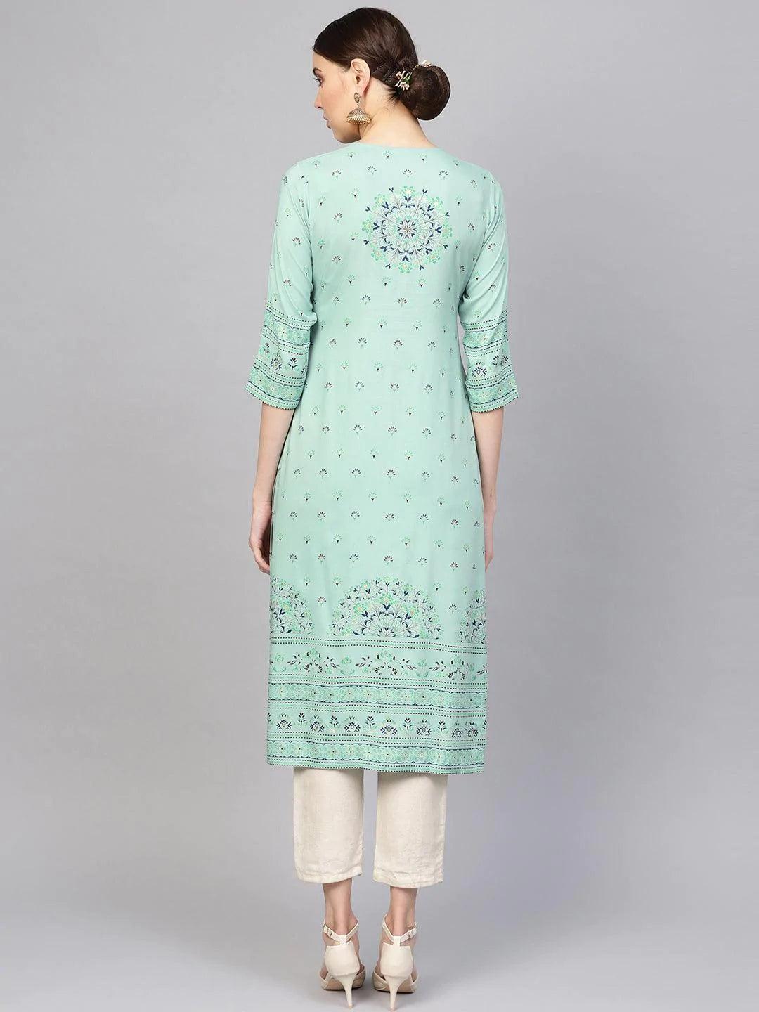 Green Printed Rayon Kurta - ShopLibas