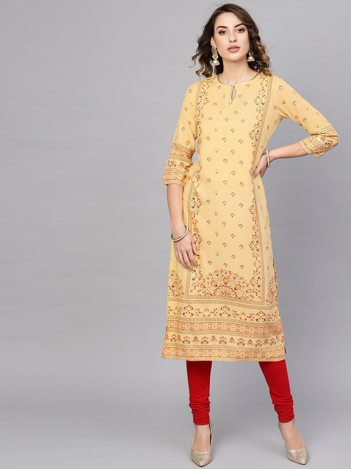 Yellow Printed Rayon Kurta