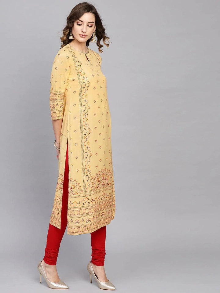Yellow Printed Rayon Kurta