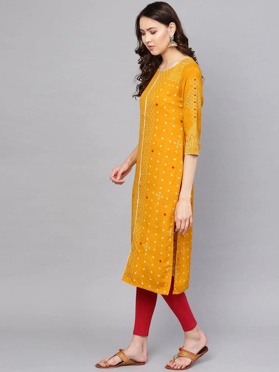 Yellow Printed Rayon Kurta - ShopLibas