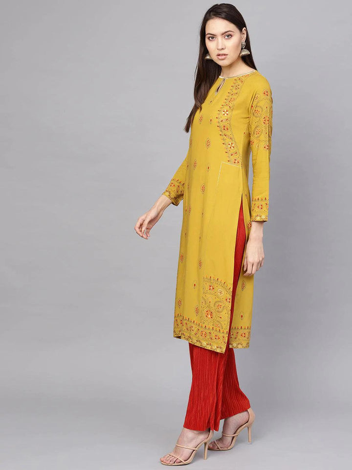 Yellow Printed Rayon Kurta