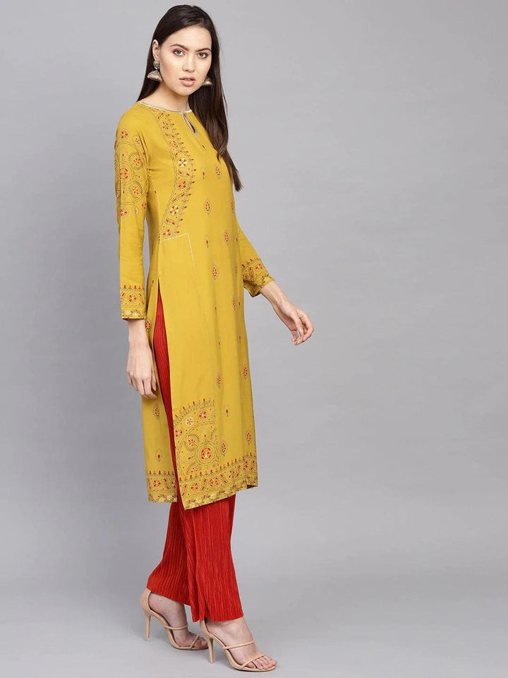 Yellow Printed Rayon Kurta
