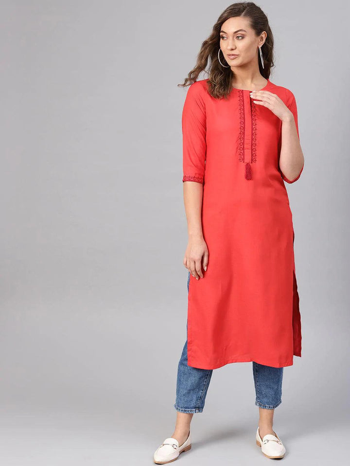 Red Embroidered Rayon Kurta