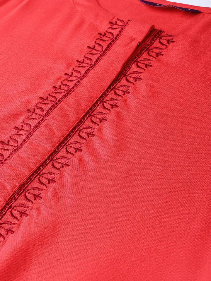 Red Embroidered Rayon Kurta