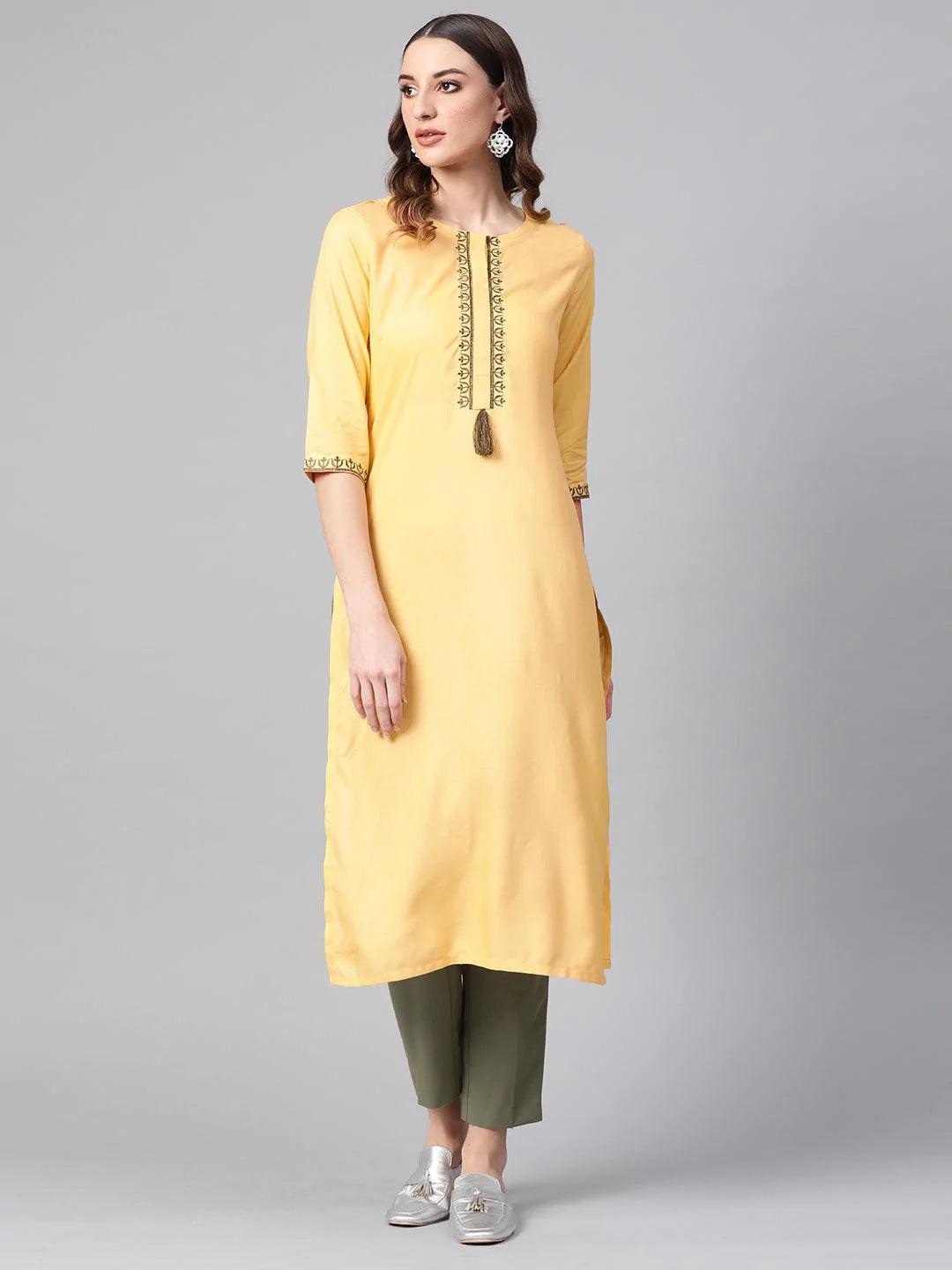 Yellow Printed Rayon Kurta - ShopLibas