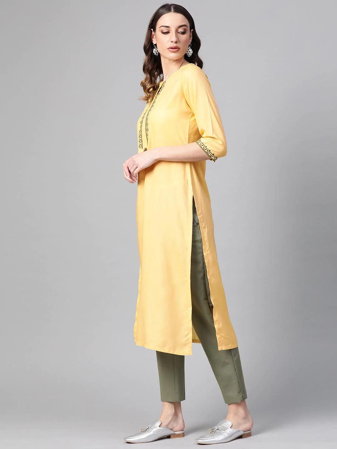 Yellow Printed Rayon Kurta - ShopLibas