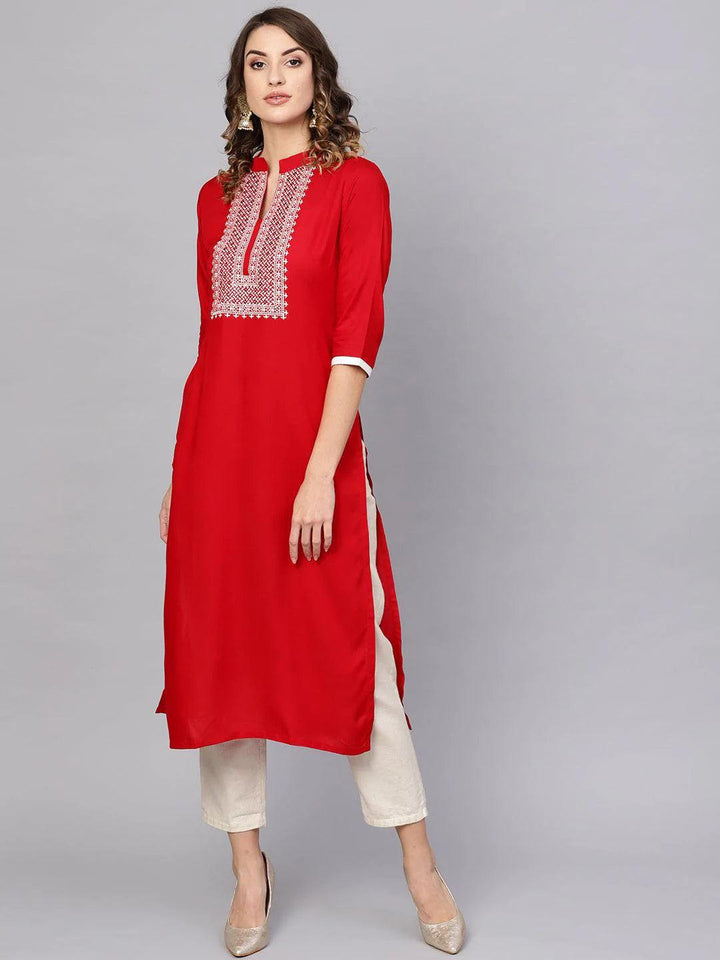 Red Embroidered Rayon Kurta