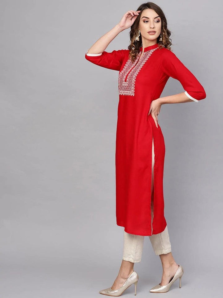 Red Embroidered Rayon Kurta