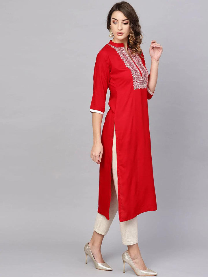 Red Embroidered Rayon Kurta