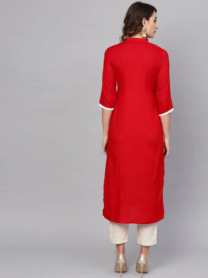 Red Embroidered Rayon Kurta