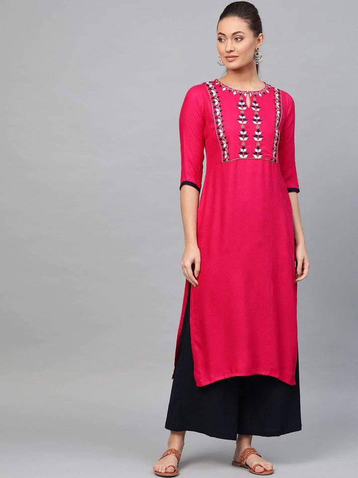 Pink Embroidered Rayon Kurta