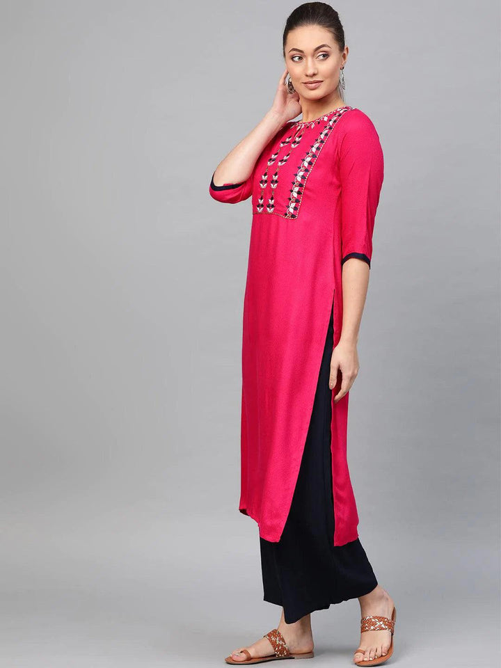 Pink Embroidered Rayon Kurta