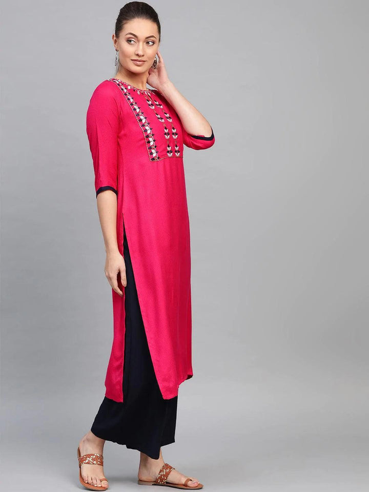 Pink Embroidered Rayon Kurta