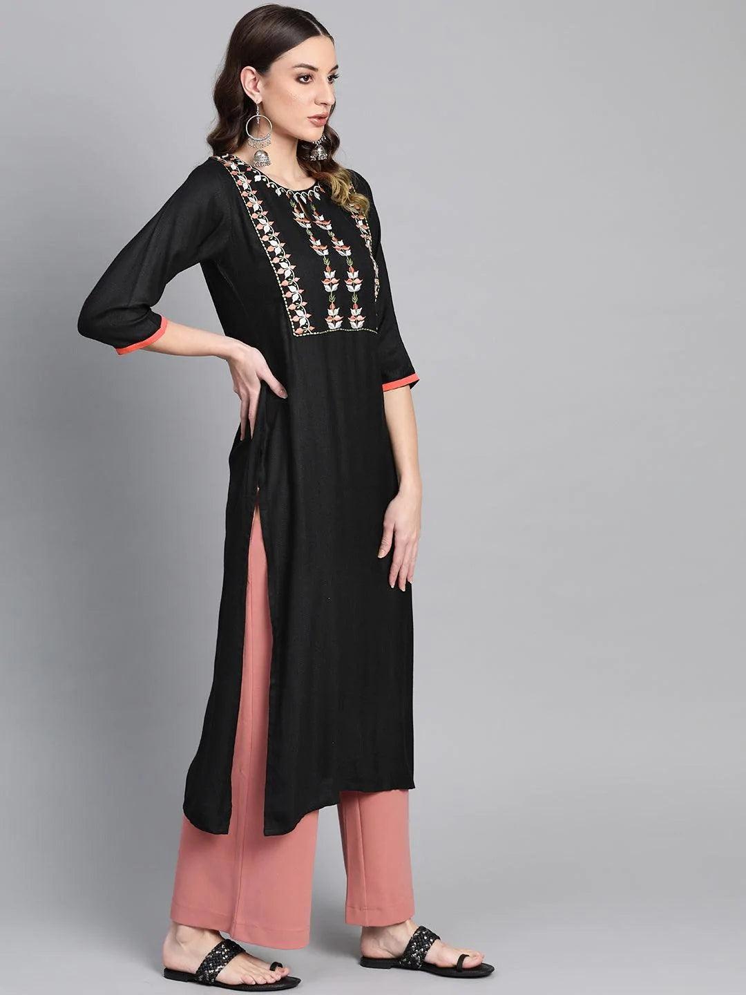 Black Printed Rayon Kurta - ShopLibas