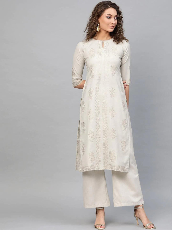 Beige Printed Cotton Kurta