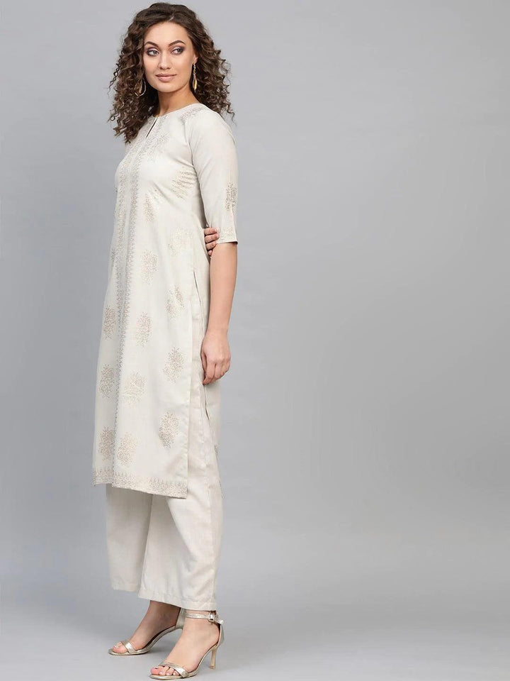 Beige Printed Cotton Kurta