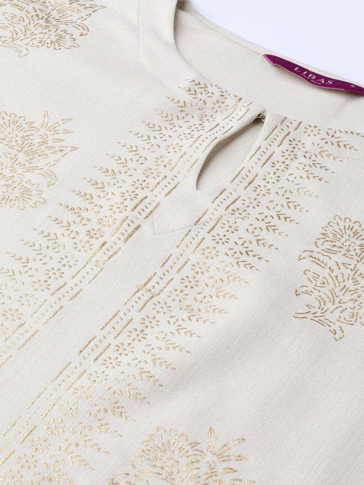 Beige Printed Cotton Kurta