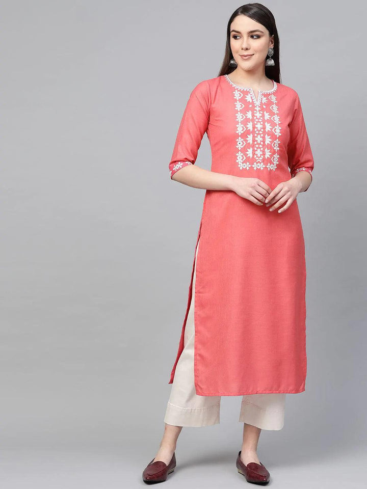 Pink Embroidered Cotton Kurta