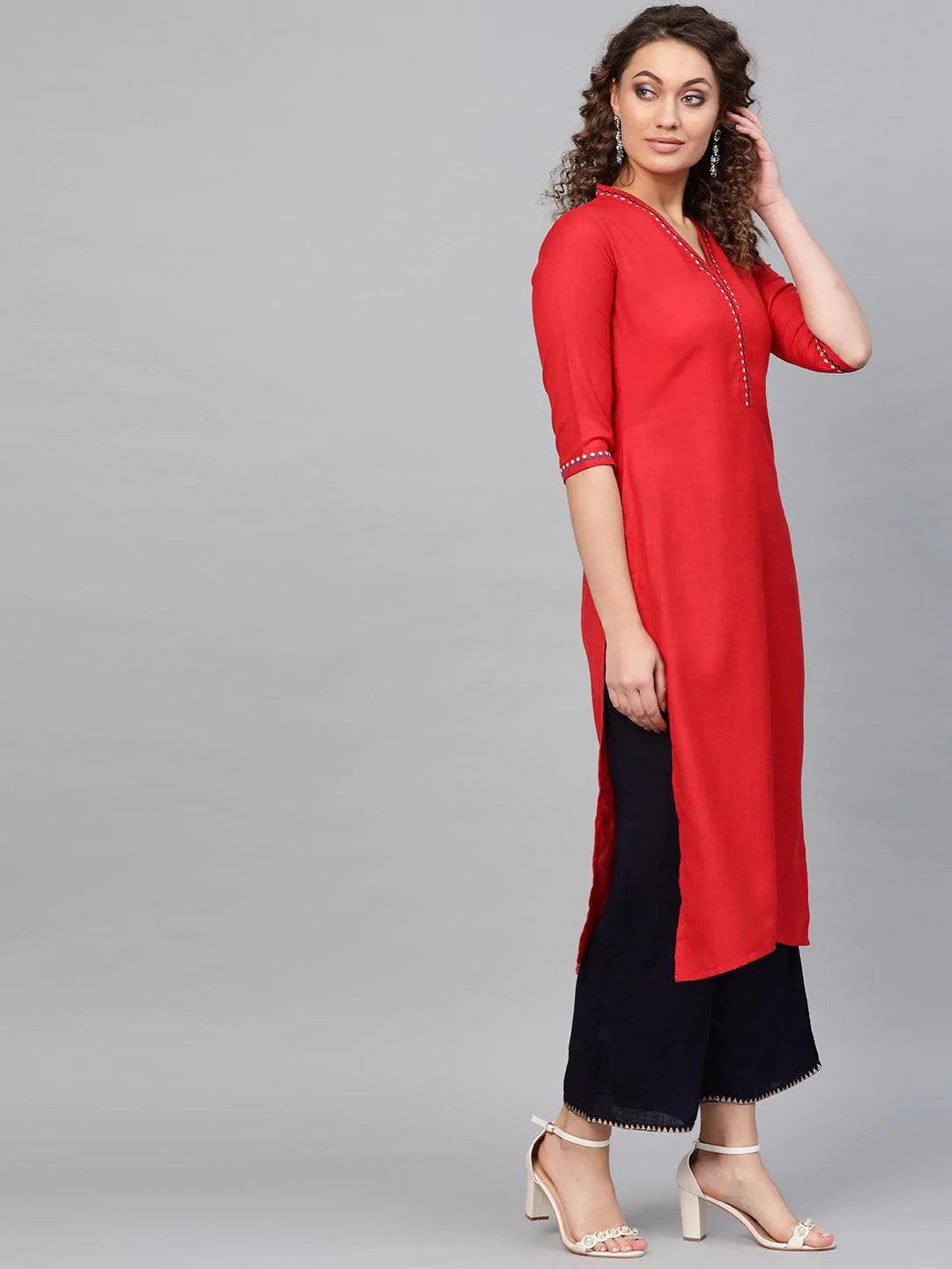 Red Printed Cotton Kurta - ShopLibas