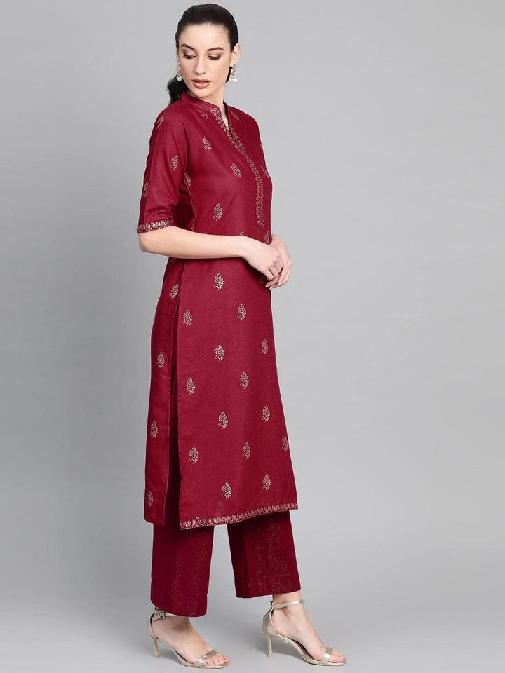 Maroon Printed Cotton Kurta