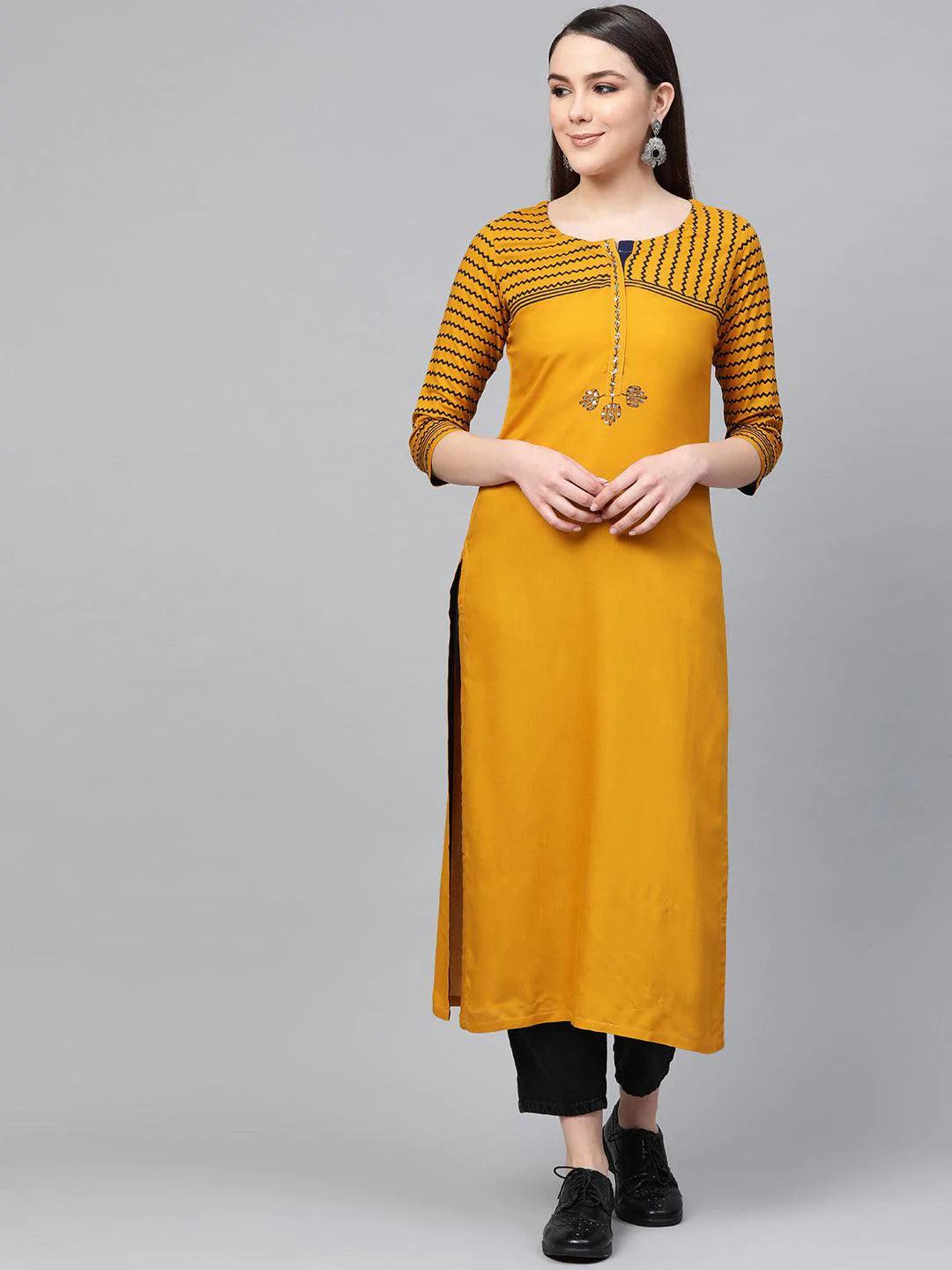 Yellow Printed Rayon Kurta - ShopLibas