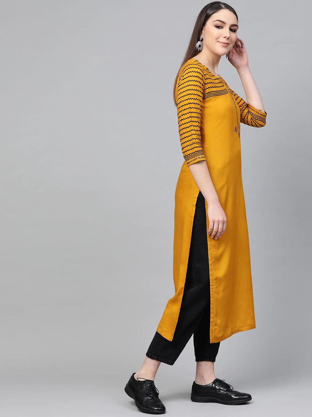 Yellow Printed Rayon Kurta - ShopLibas