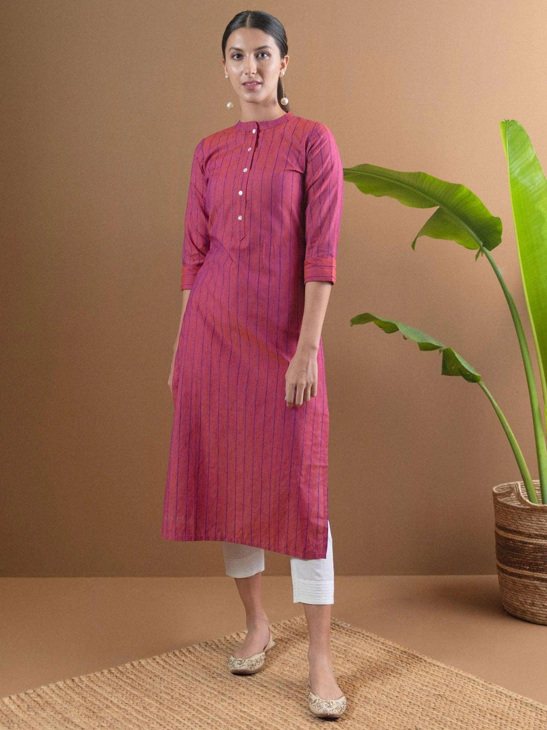 Pink Striped Cotton Kurta - ShopLibas
