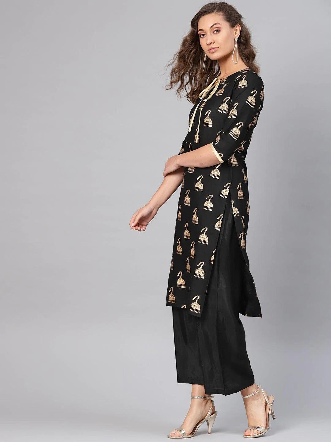 Black Printed Rayon Kurta - ShopLibas
