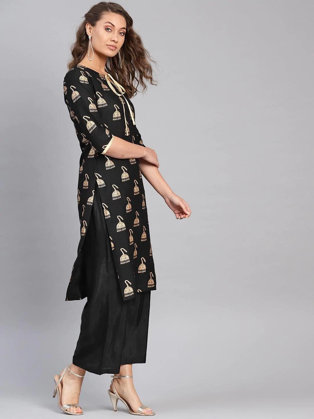Black Printed Rayon Kurta - ShopLibas