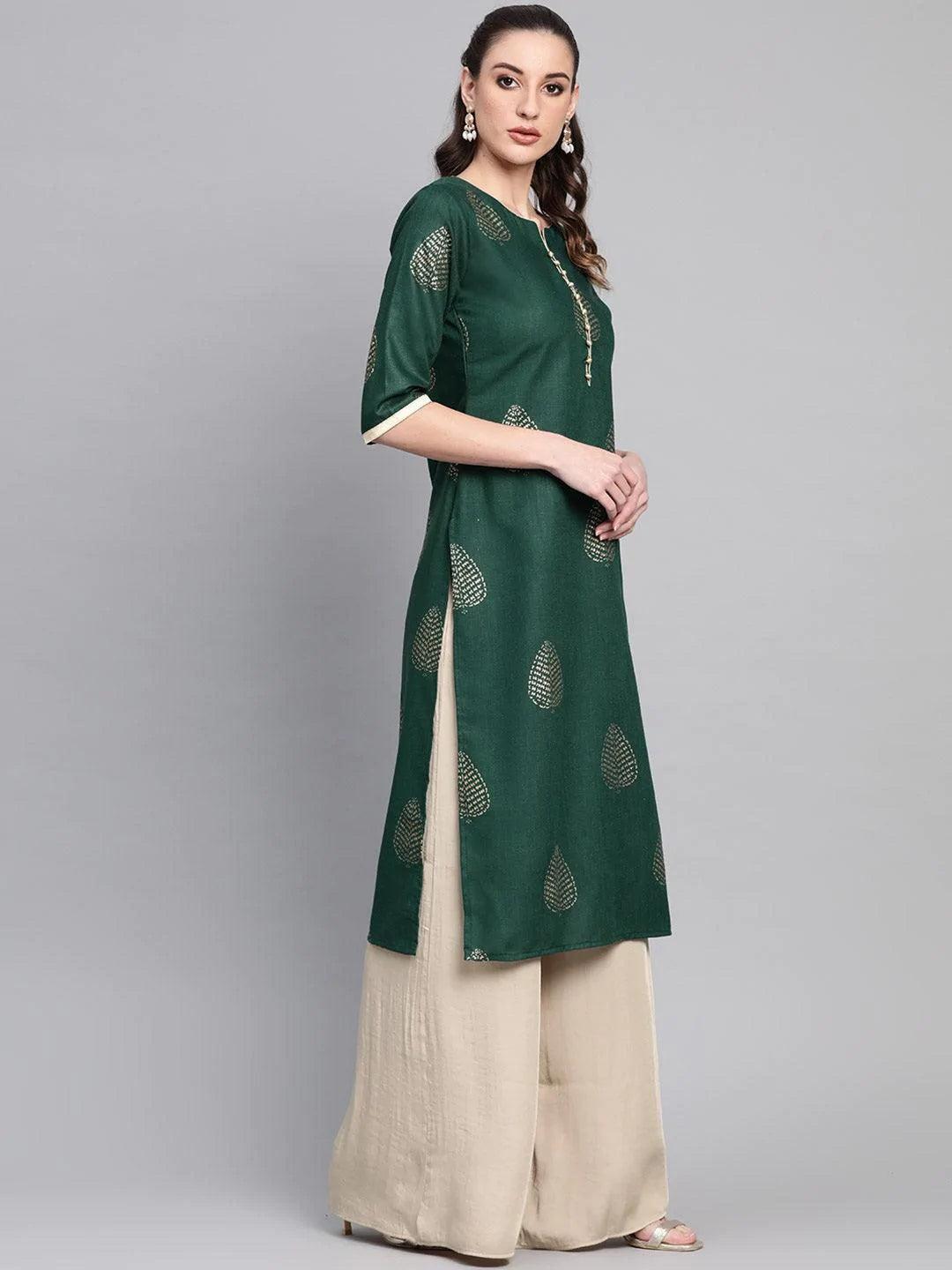 Green Printed Cotton Kurta - ShopLibas