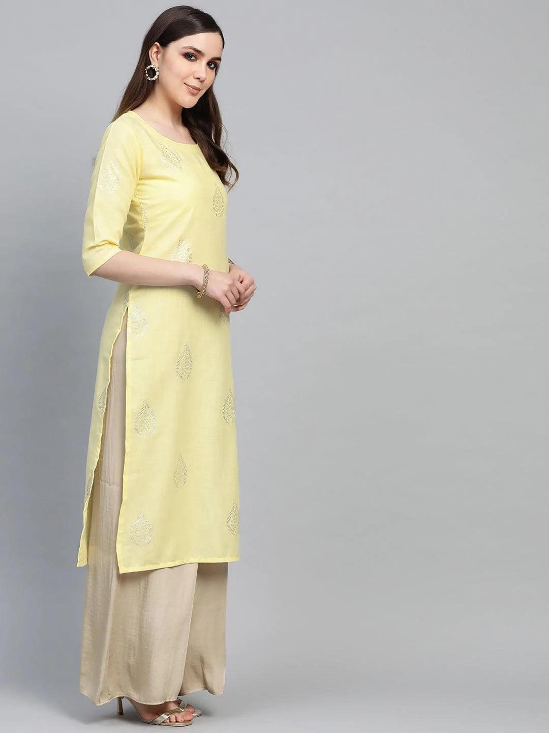 Yellow Printed Cotton Kurta - ShopLibas