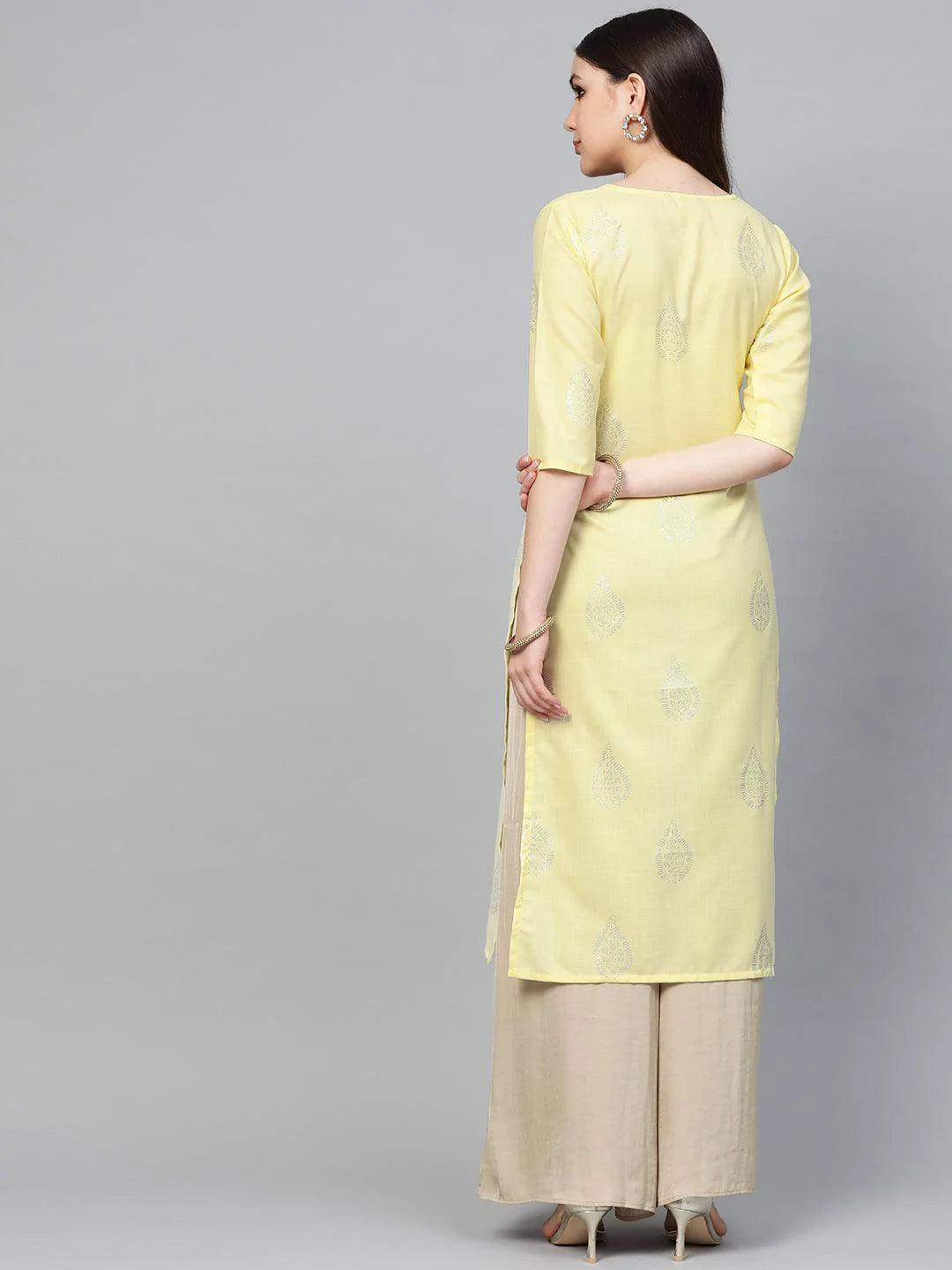 Yellow Printed Cotton Kurta - ShopLibas