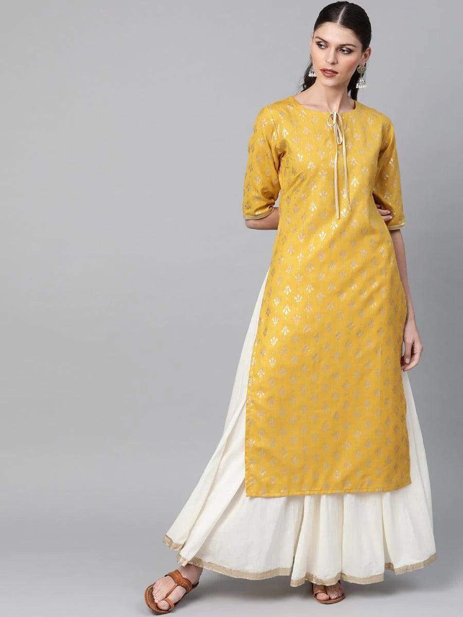 Mustard Printed Cotton Kurta - ShopLibas