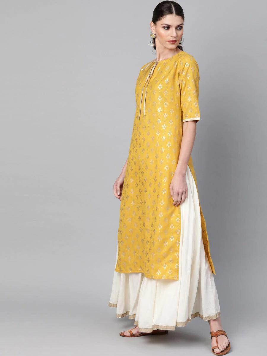 Mustard Printed Cotton Kurta - ShopLibas