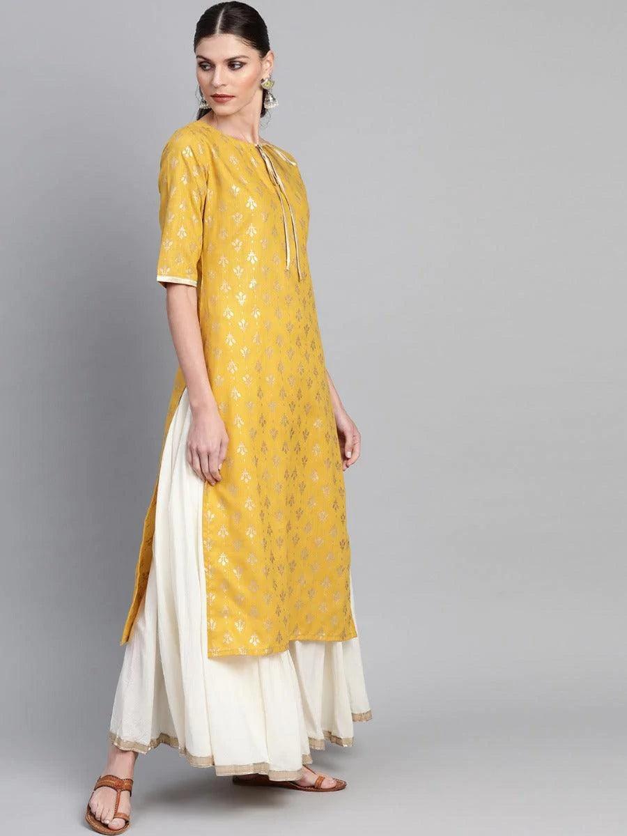 Mustard Printed Cotton Kurta - ShopLibas