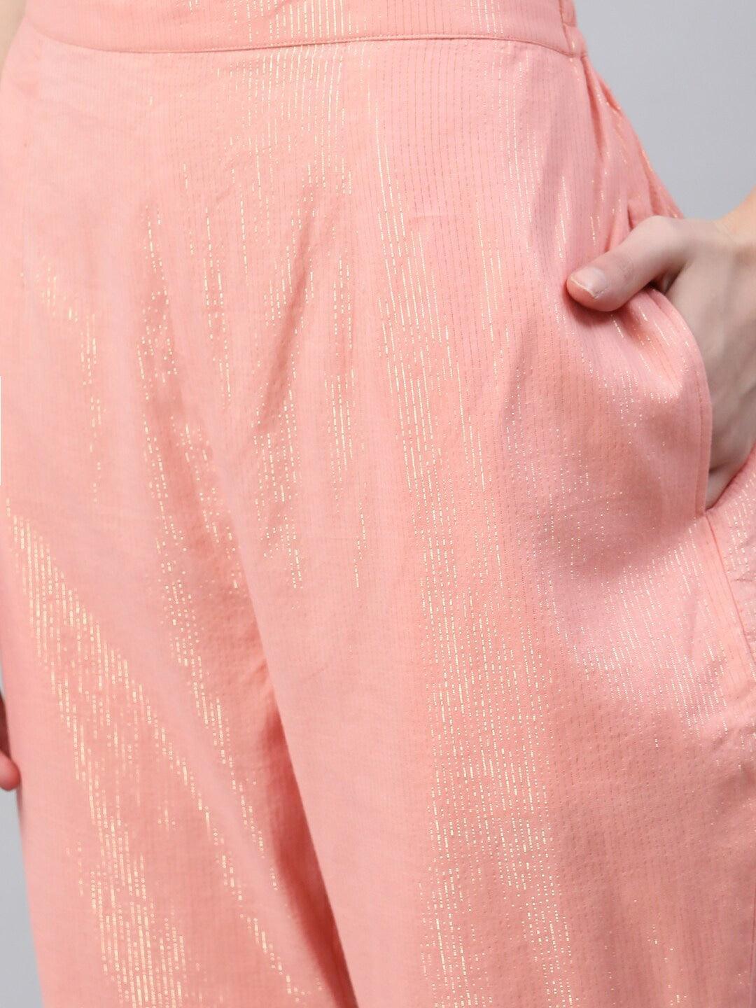 Peach Self Design Cotton Trousers - ShopLibas