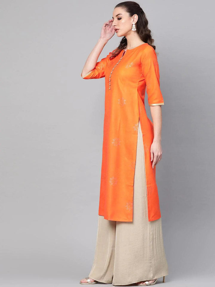 Orange Printed Cotton Kurta