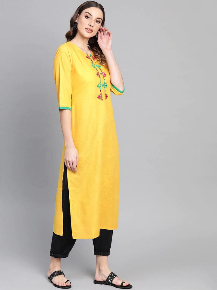 Yellow Embroidered Cotton Kurta